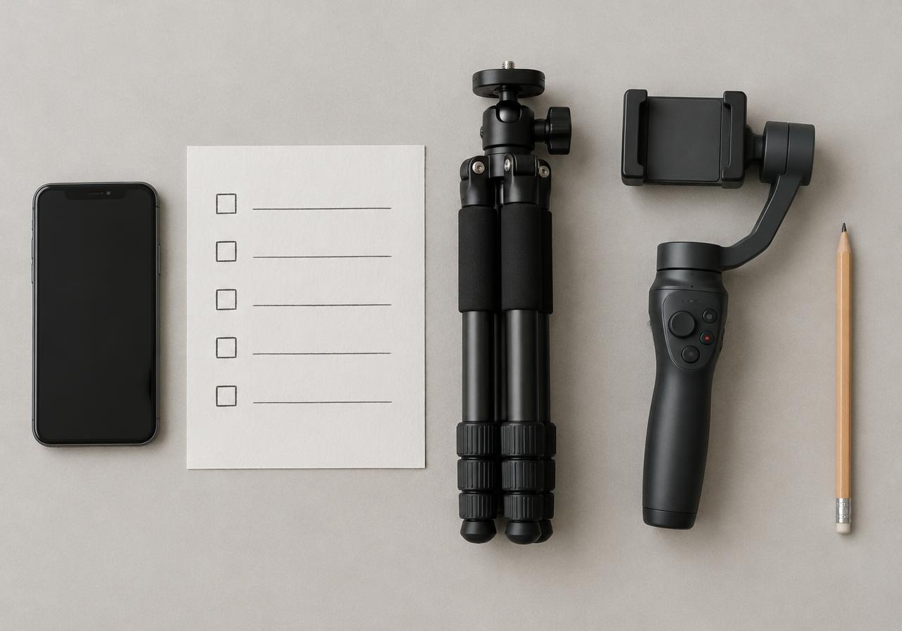 Minh hoạ danh sách 5 câu hỏi bên cạnh điện thoại, tripod và gimbal